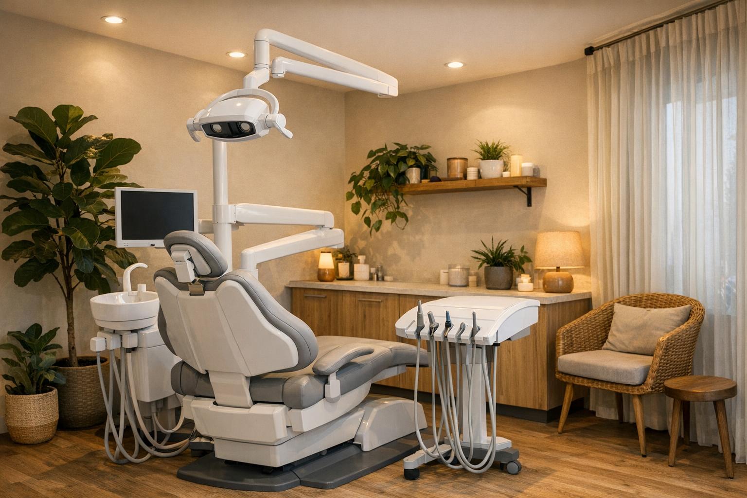 Przytulny gabinet stomatologiczny na Kabatach - fotel, rośliny i subtelne oświetlenie